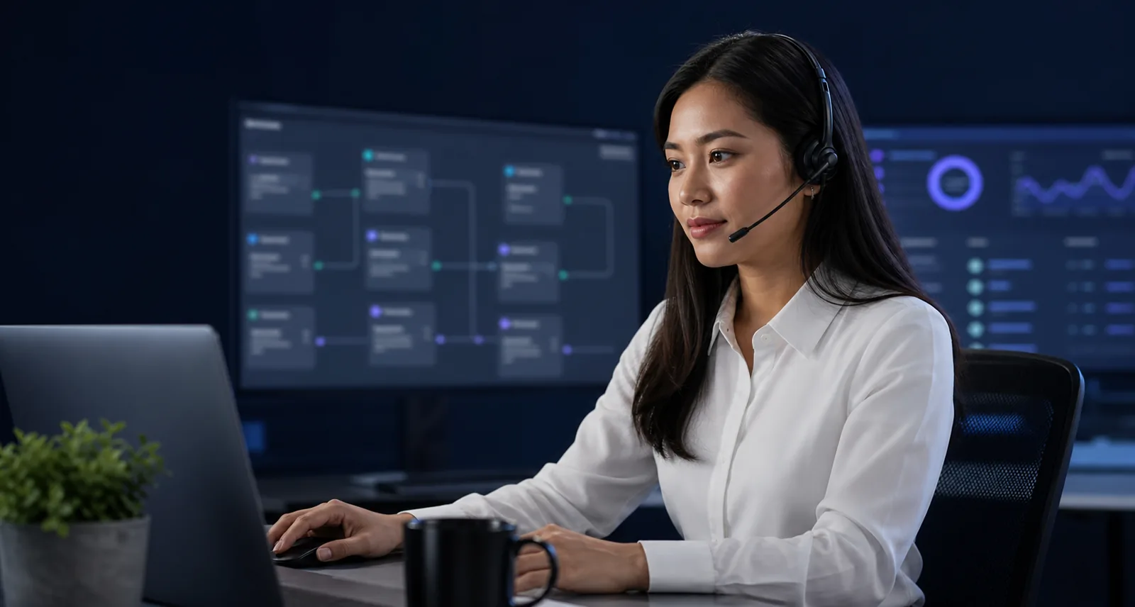 Illustrative view of a Filipina AI Operator supervising workflow and reporting systems