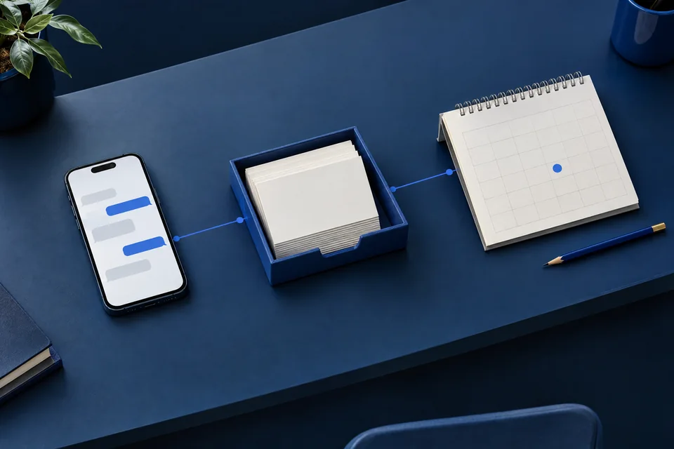 Illustrative workflow with incoming messages, organized inquiry cards, and an appointment calendar