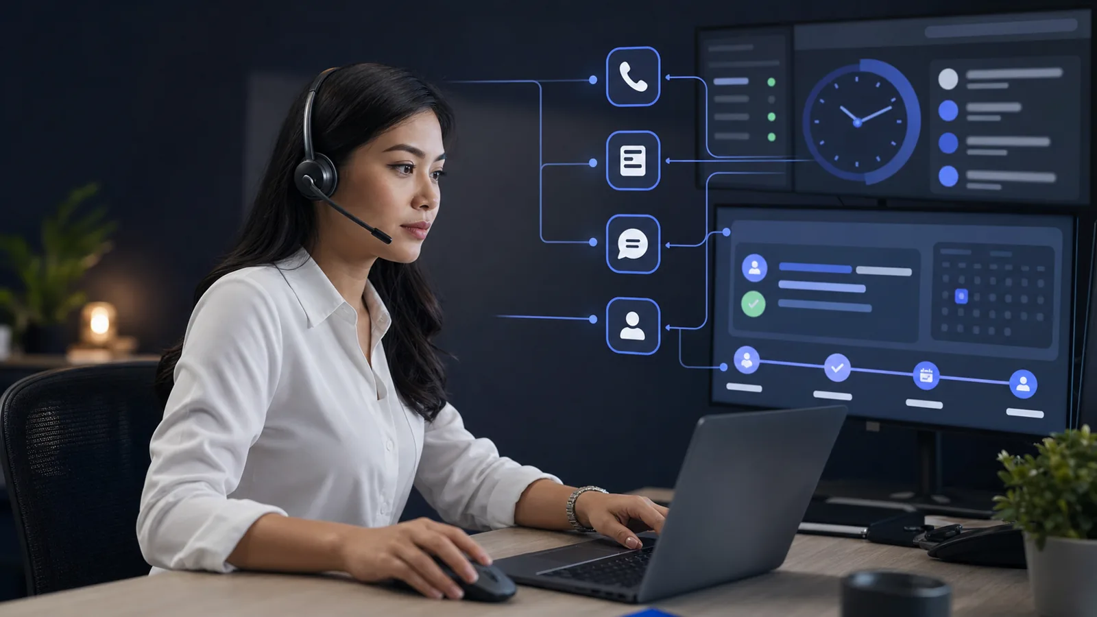 Illustrative view of a Filipina lead-response Operator managing calls, messages, qualification, booking, and CRM status