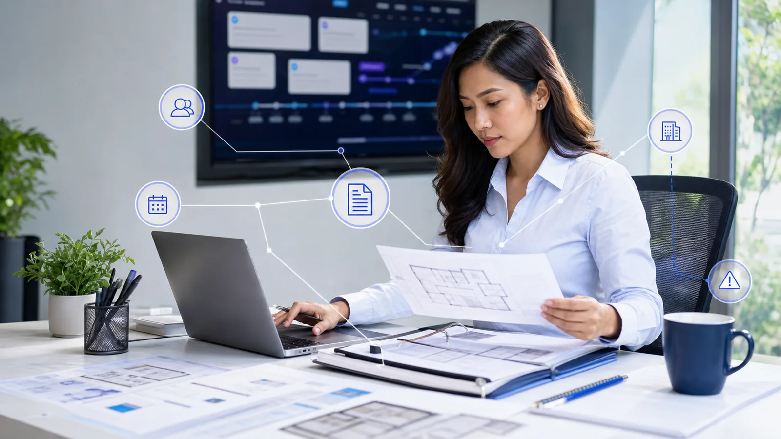 Illustrative view of a Filipina operations specialist coordinating property documents, deadlines, and workflow exceptions